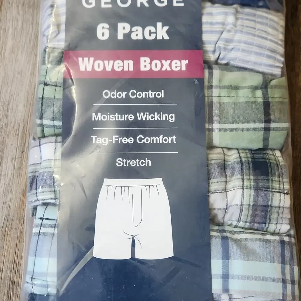 George Men's 6-Pack Woven Boxers - Blue and‎ Green Plaid Size SM Wicking Tagless